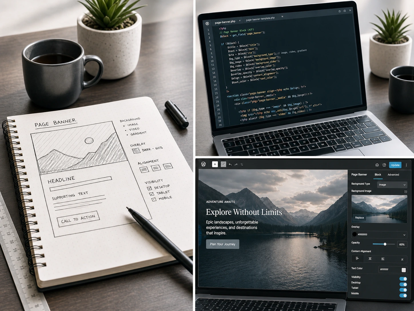 Page Banner block process collage showing planning, front-end implementation, and editor controls.