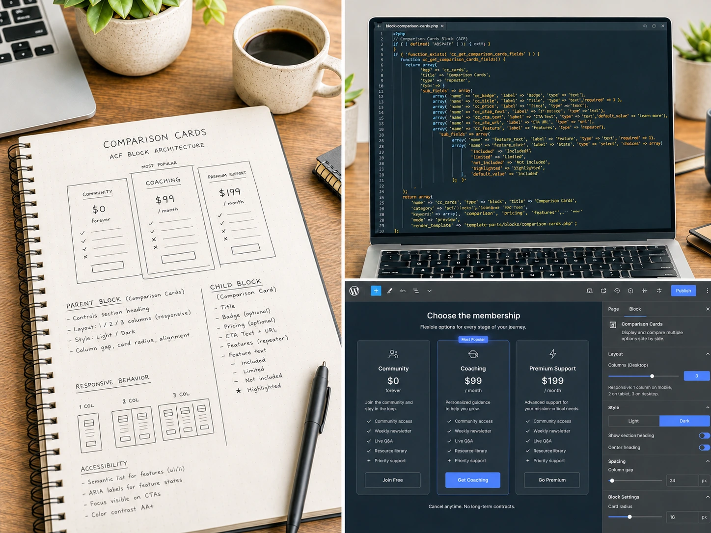 Comparison Cards ACF block planning, code, and editor preview