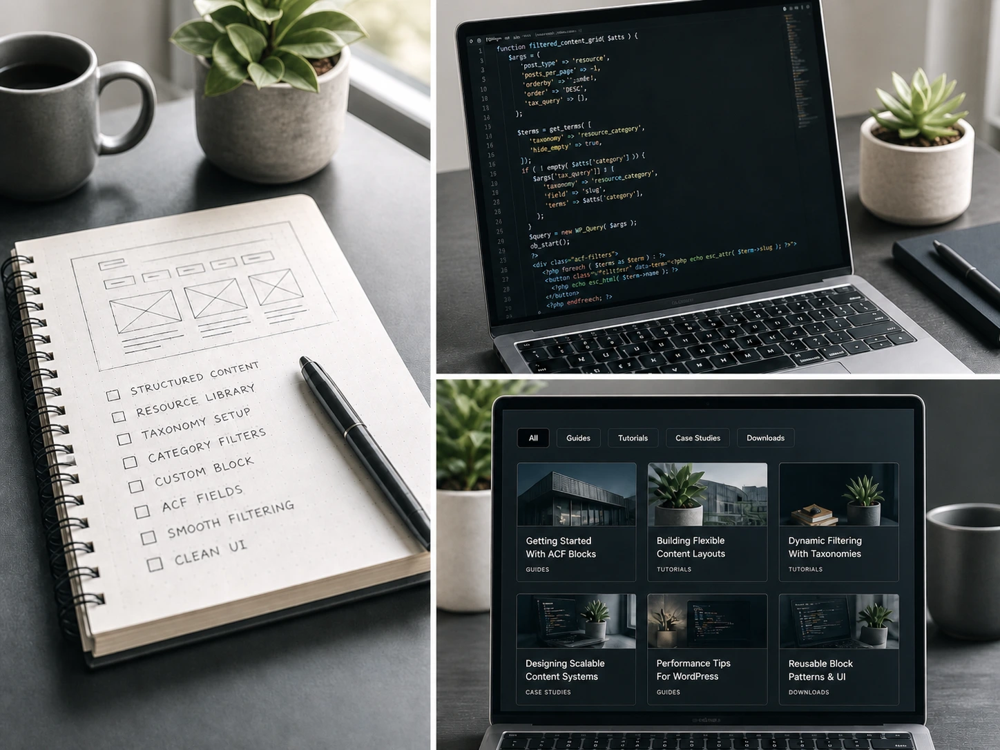 Planning, wireframing, and building process collage for the Filtered Content Grid project.