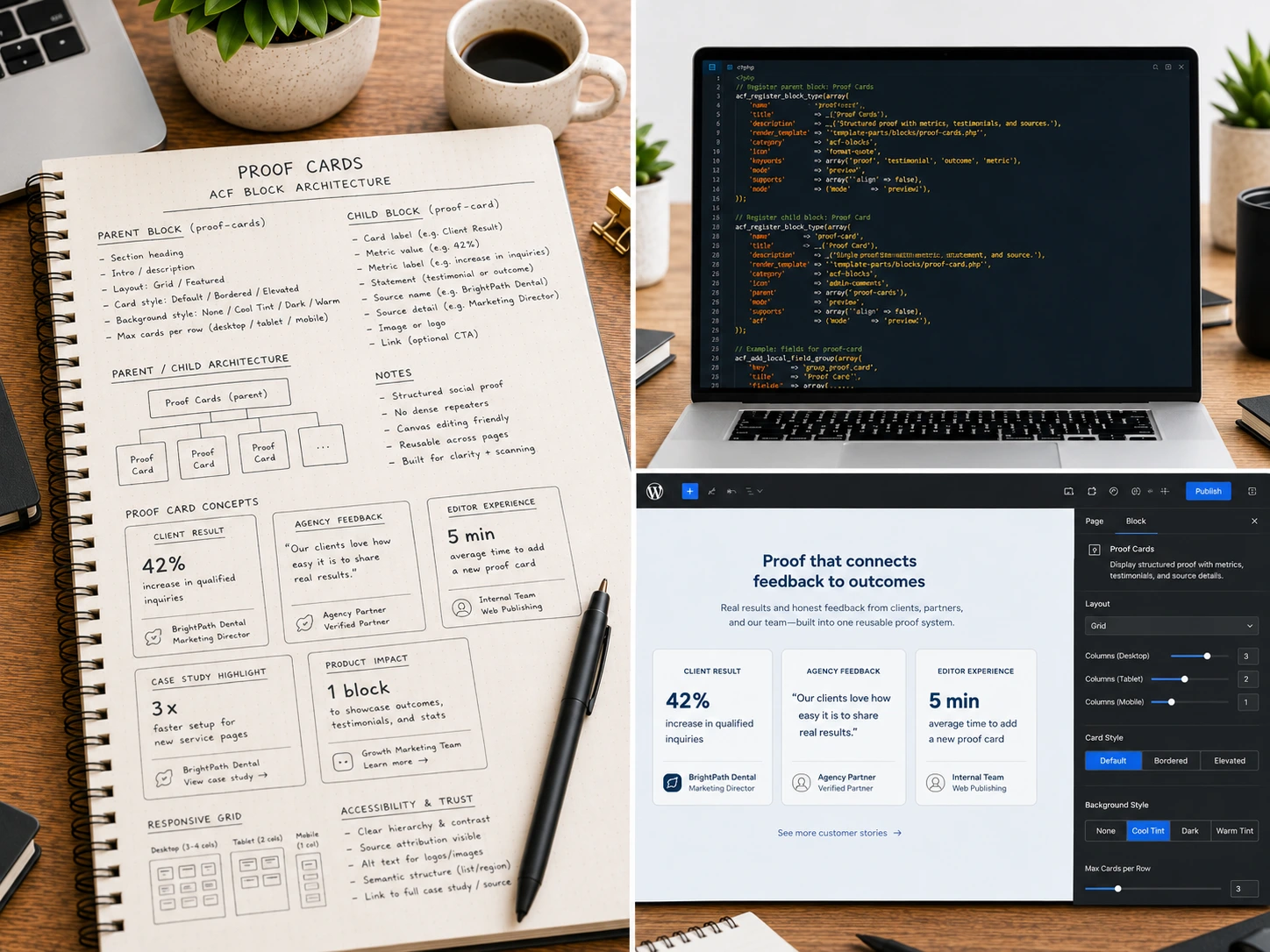 Proof Cards ACF block planning notebook, implementation code, and WordPress editor preview.