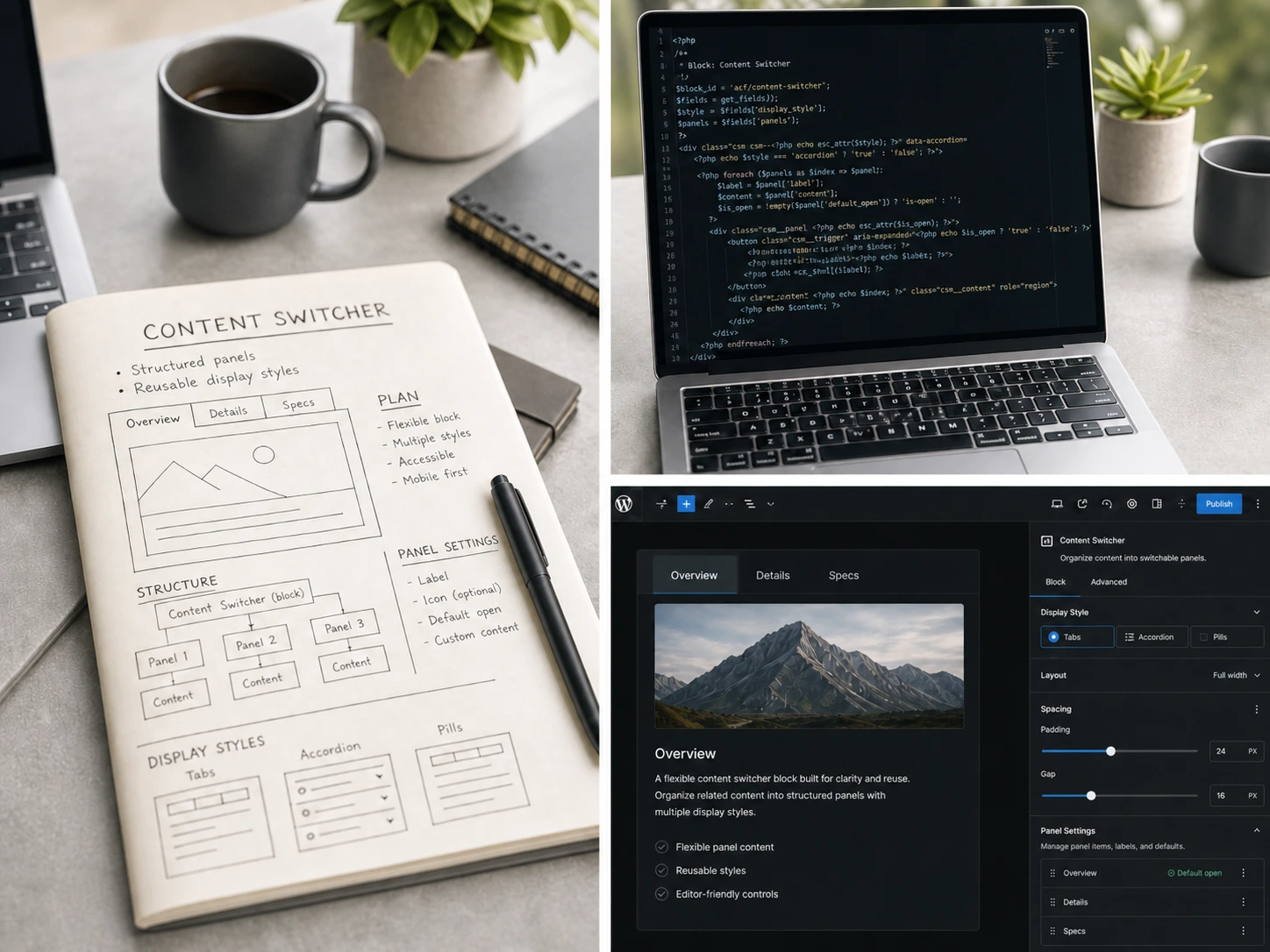 Content Switcher block process collage showing planning, editor controls, and front-end interaction.