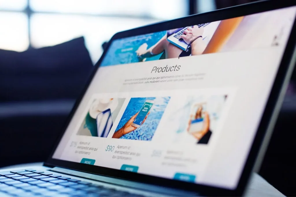 A desk scene showing image thumbnails, a laptop with a media grid, and notes about image size/crops/compression.