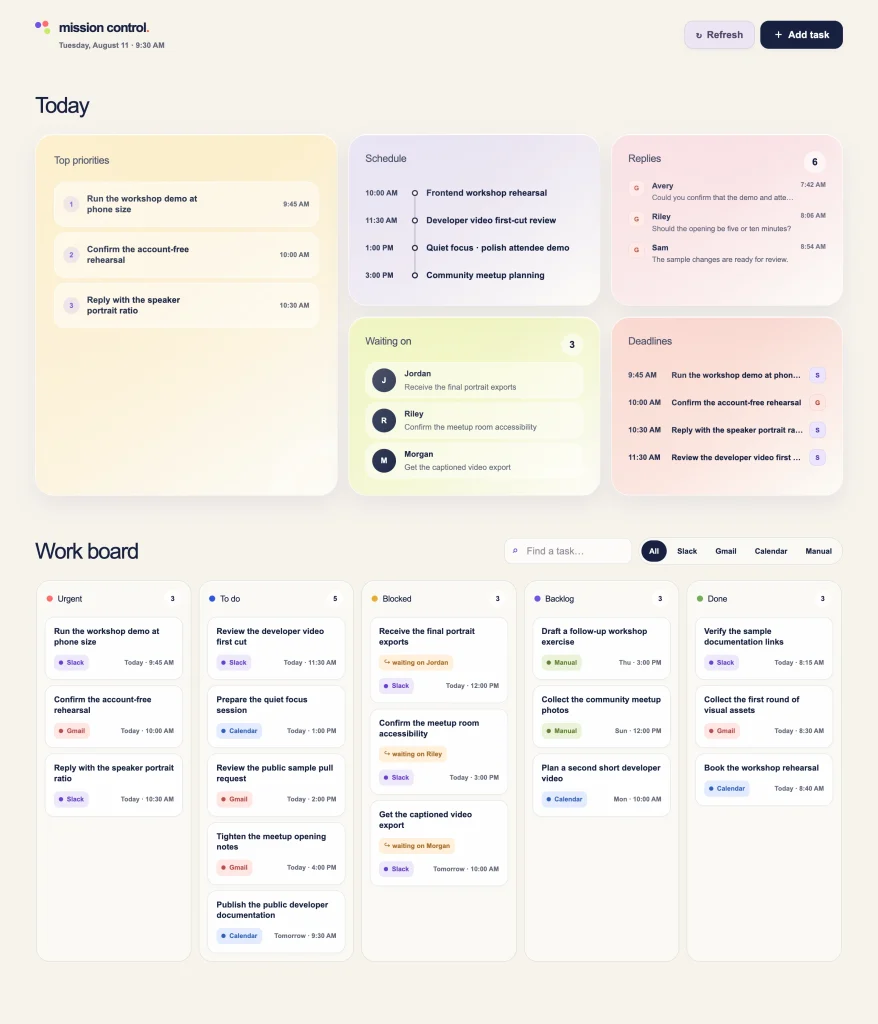 Refined Mission Control dashboard with reduced visual weight and clearer source and status cues.