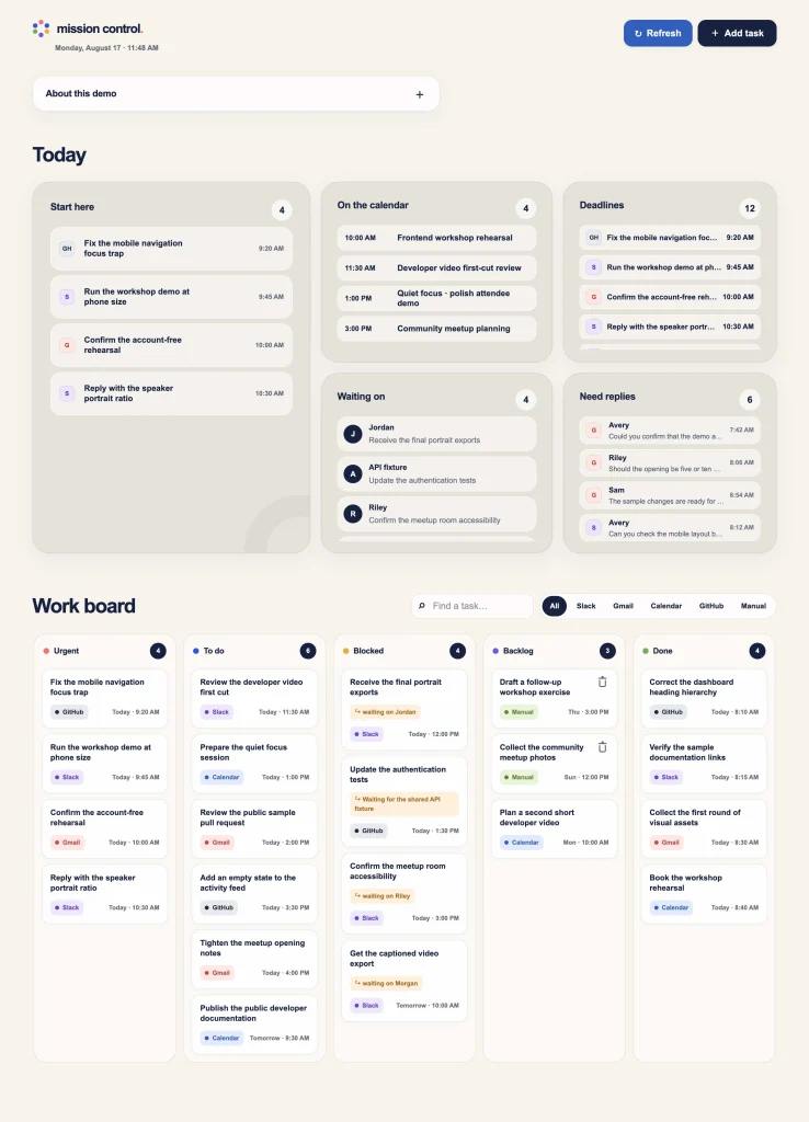 Final Mission Control dashboard with a refined Today overview and work board.